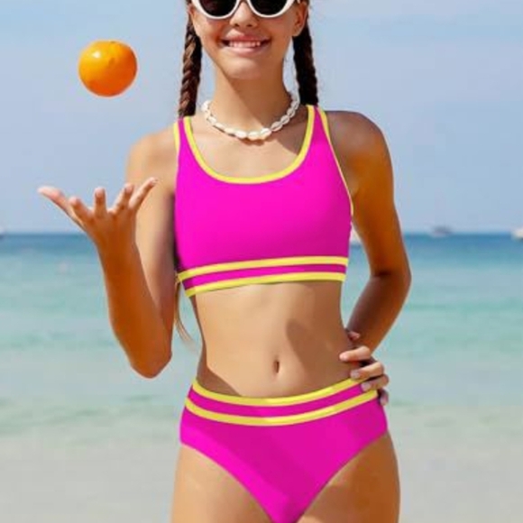Bright Pink and Yellow Kids Bikini Set, 3 Piece Set, New, 13 - 14 - Picture 3 of 4